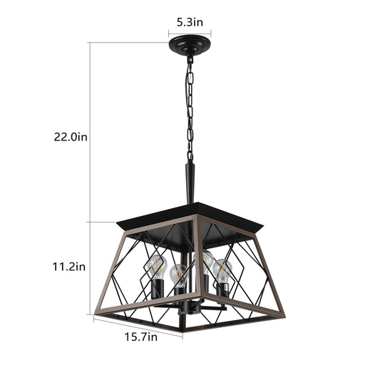 Same As W1340111202-L1008 16in Walnut Industrial 4-Light Pendant Chandelier, Modern Metal Cage Design, Adjustable Hanging Light For Dining Room, Kitchen, Living Room No Bulbs