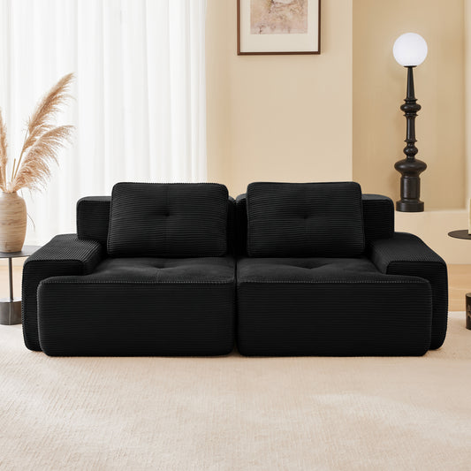 82 Modern L-Shaped Modular Sectional Sofa For Living Room, Corduroy Fabric, 2-Seater Couch With Deep Seat , Pearl-like Piping, Tufted Design, No Assembly, Anti-slip Design, Black