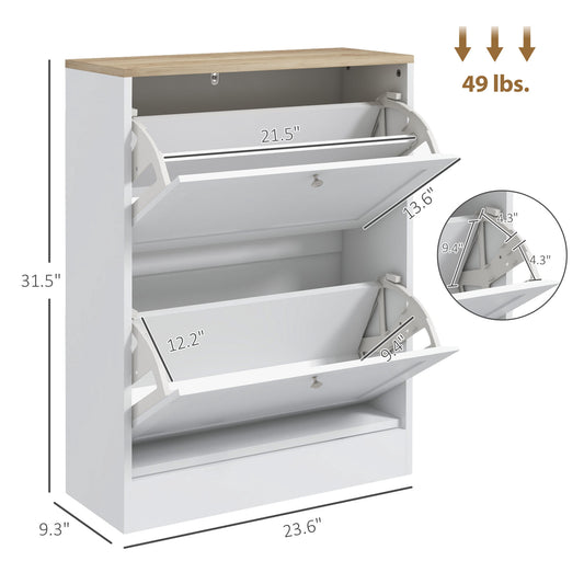 Slim Shoe Storage Cabinet, Modern Shoe Cabinet With 2 Flip Drawers And Adjustable Shelves For 8-12 Pairs, White