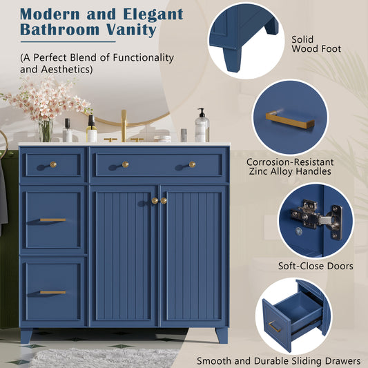 36 Bathroom Vanity With Ceramic Sink, Standard And Double-Layer Drawers, Soft Close Doors, Adjustable Shelves, Modern Storage Cabinet For Small And Medium Bathrooms