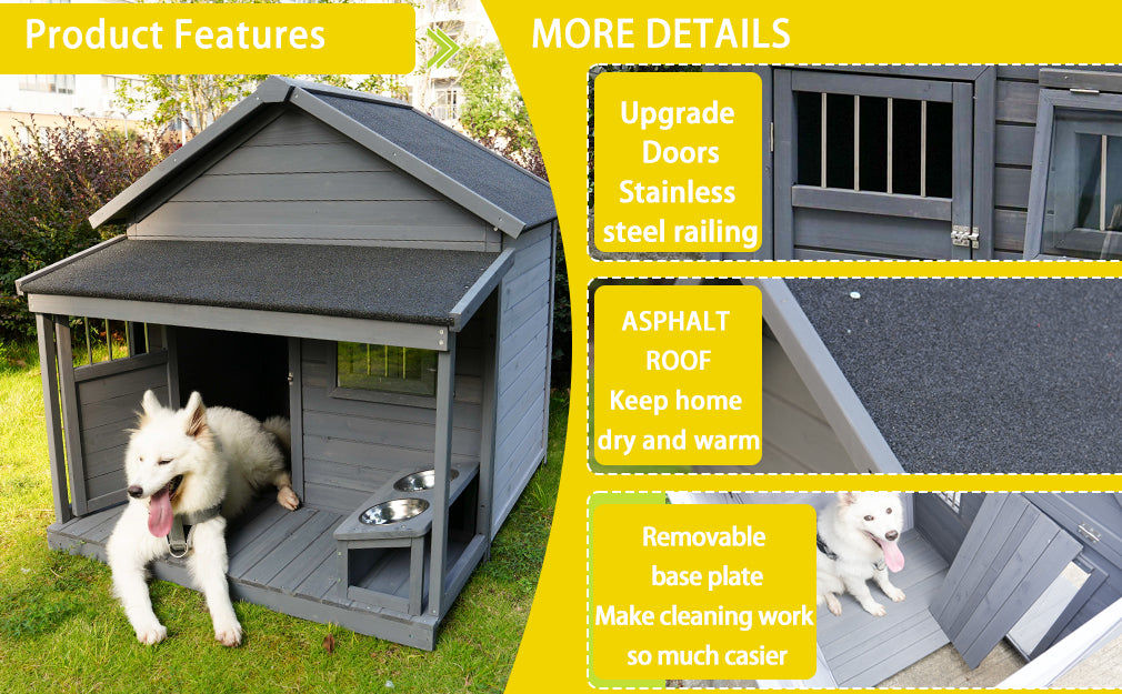 Large Dog House, Long 44.2 X Wide 44.6 X High 44.6 Solid Wood Asphalt Roof Dog House With Large Terrace For Large Dogs, Weatherproof Large Dog House Improved ,Small Wooden Doors That Can Be Locked