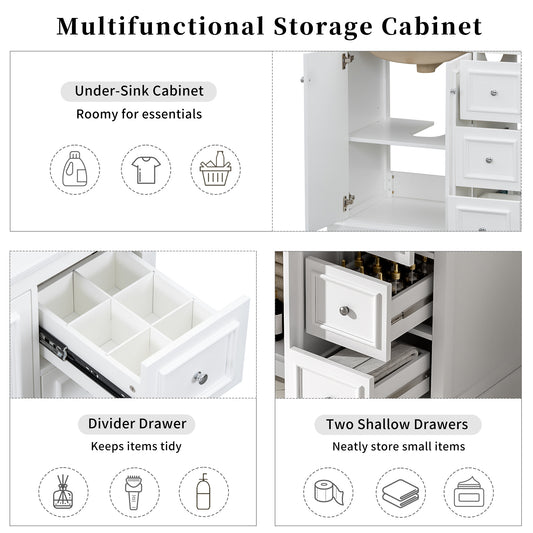 36'' Transitional Bathroom Vanity With Ceramic Sink -Features 2 Soft-close Doors, An Adjustable U-shaped Shelf, 3 Drawers Including One With Divider , Painted Finish, And Ample Storage Space