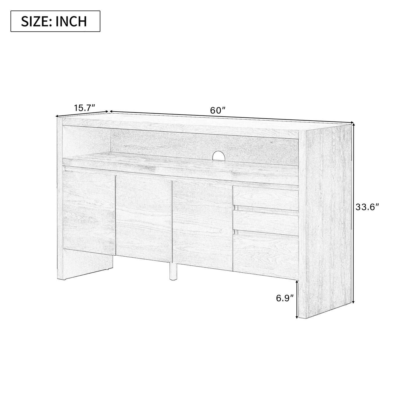 U Style 60 3-Door Sideboard With 3 Drawers Modern Solid Ash Veneer MDF Sideboard Semi- Open Shelf & Center Semi- Circular Cutout In Back Panel Large Storage Cabinet For Living Room Hallway Dining