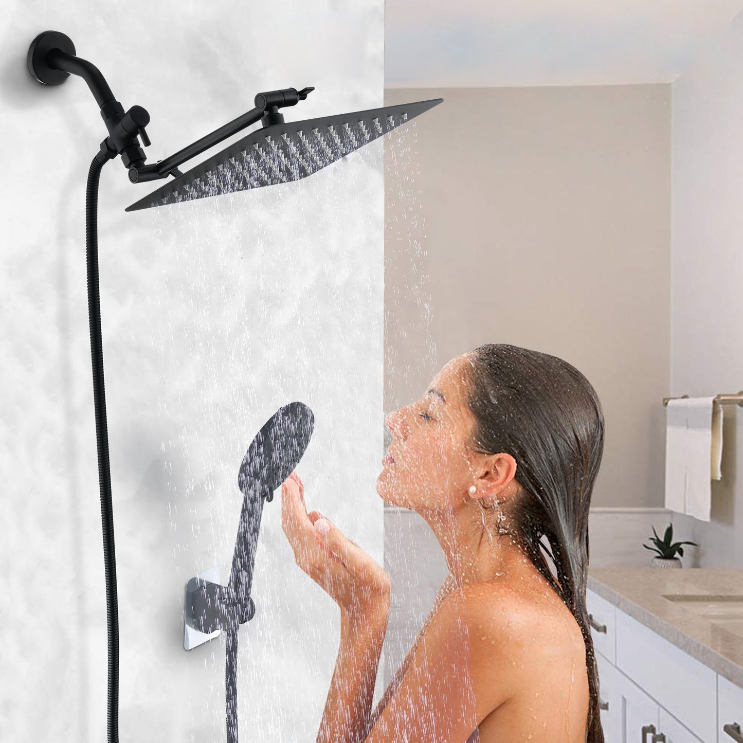 Shower Head, 10 Inch High Pressure Rainfall Shower Head Handheld Shower Combo With 11 Inch Extension Arm, 6 Settings Adjustable Anti-leak Shower Head With Holder Hose, Height Angle Adjustable