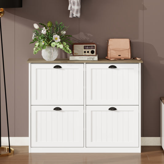 Shoe Storage Cabinet With 4 Flip Drawers, Freestanding Shoe Cabinet Organizer With Adjustable Shelf, Shoe Cabinet For Entryway, Foyer, Slim Shoe Cabinet-White