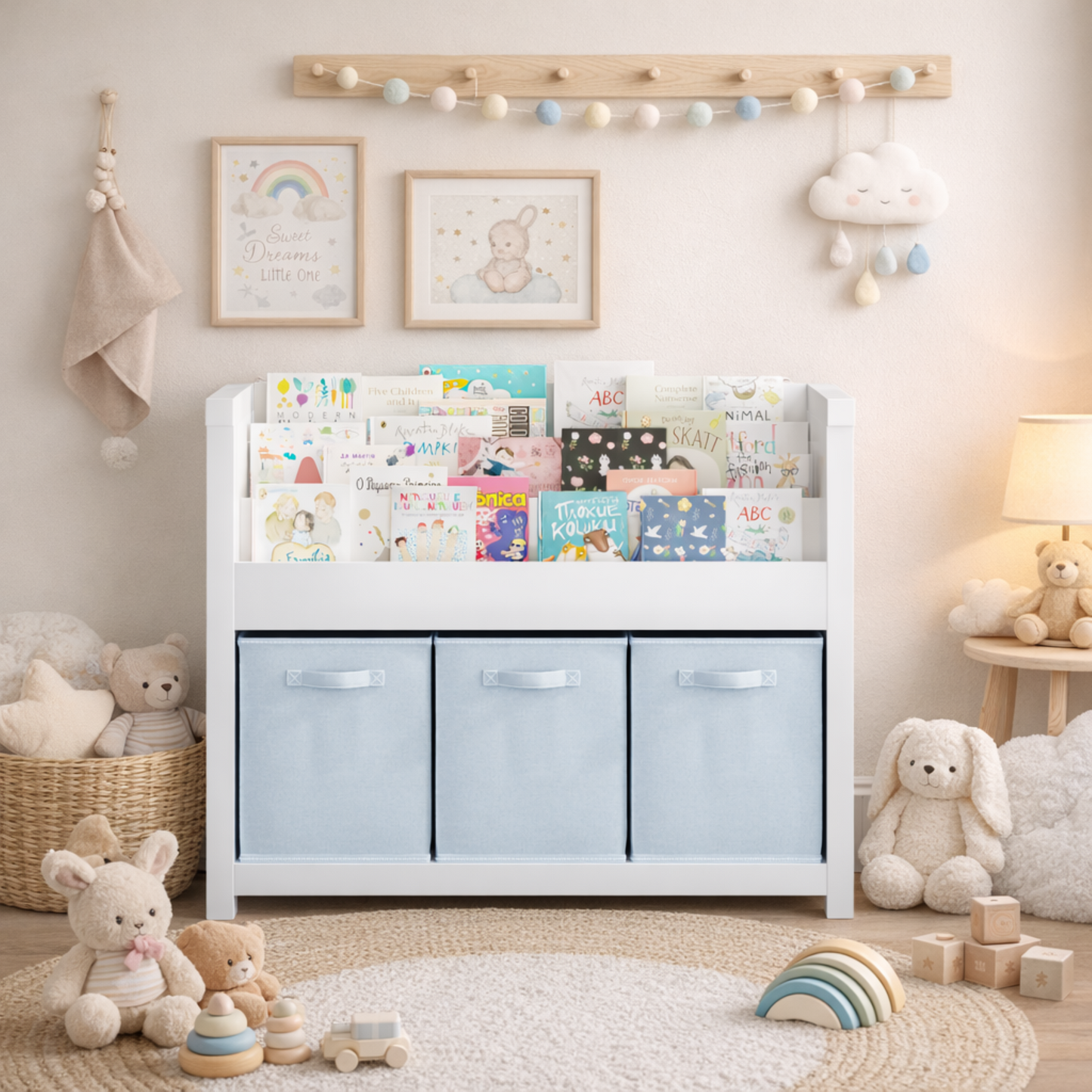 Kids Bookshelf With 3 Tier Front-Facing Storage And 3 Fabric Bins, Wooden Toddler Bookcase For Playroom, Nursery, Bedroom Kids Book Organizer Shelf For Toys And Books