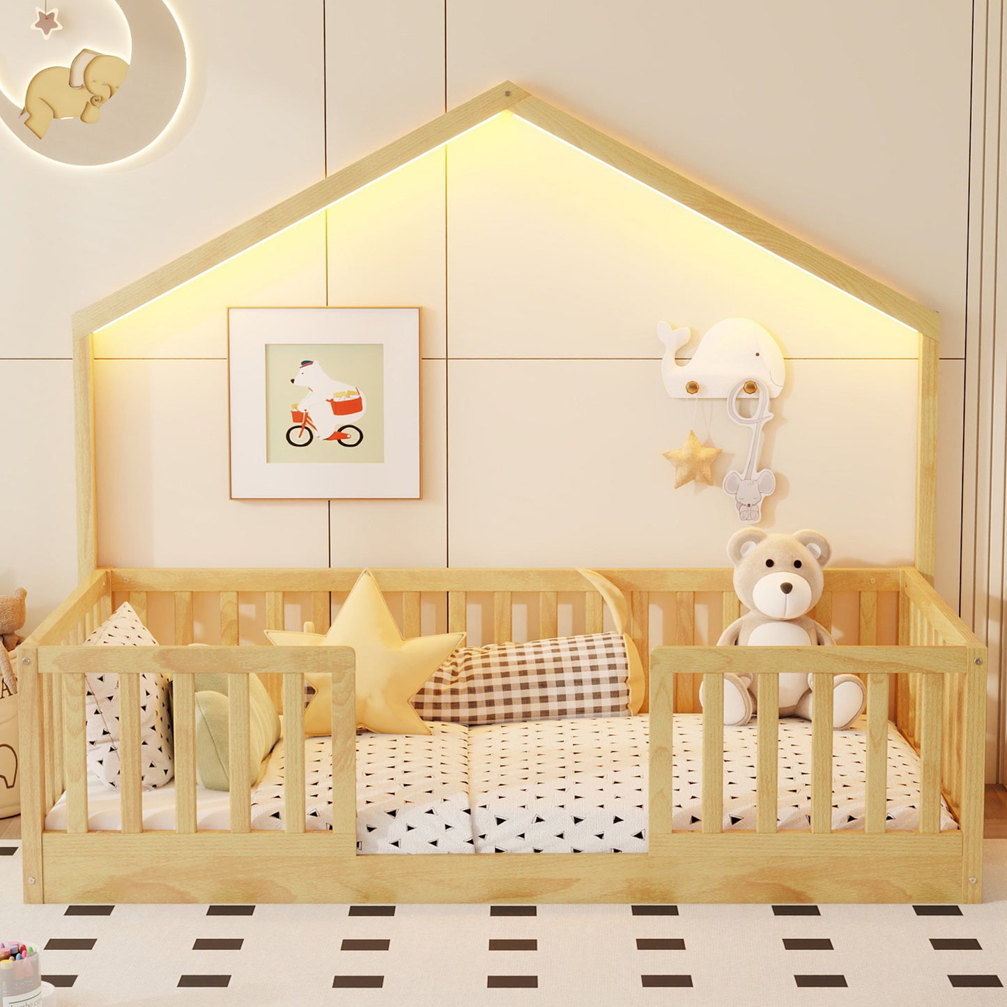 Twin Floor Bed With High Rails, Wooden Montessori Bed With Light For Kids, Boys And Girls,NaturalExpect Arrival Date 2026 3 16