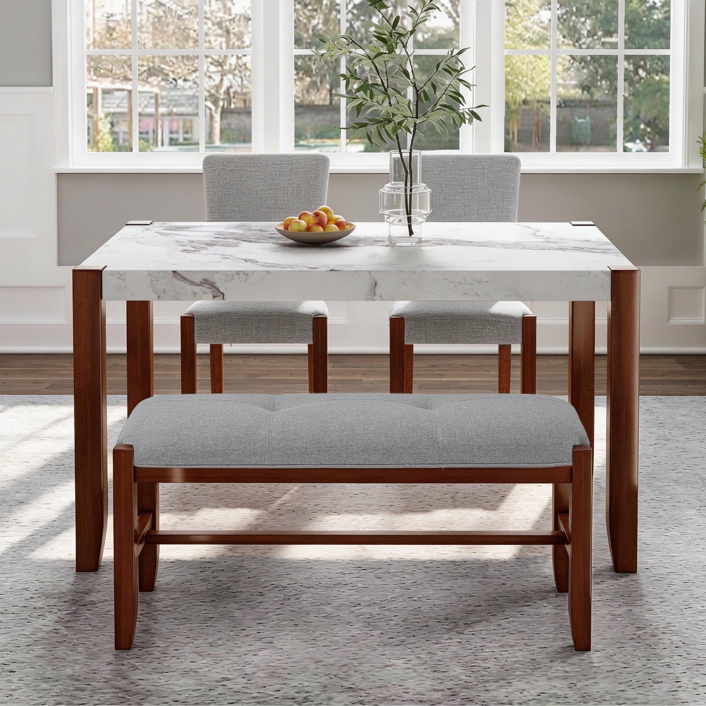 4-Piece Dining Set, 1 Marble-Look Table With 2 Upholstered Chairs And 1 Bench With Solid Rubber Wood Legs, Padded Seat, Curved Backrest, Space-Saving, Dining Room, Gray