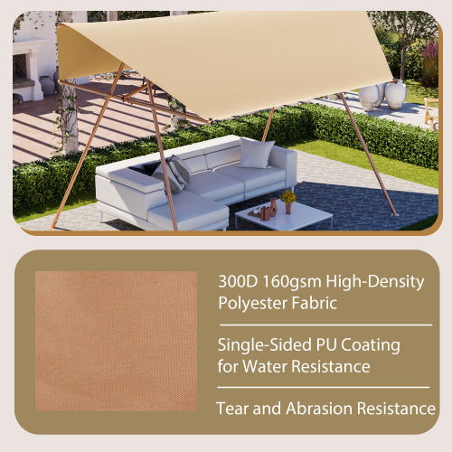 Hexagonal Shade Sail Canopy, Large 206in X118in UV Block Sun Shade With UPF 50-, Waterproof High-Density Polyester Fabric, Brown Rust-Resistant Poles & Built-in Hooks For Patio -Light Khaki