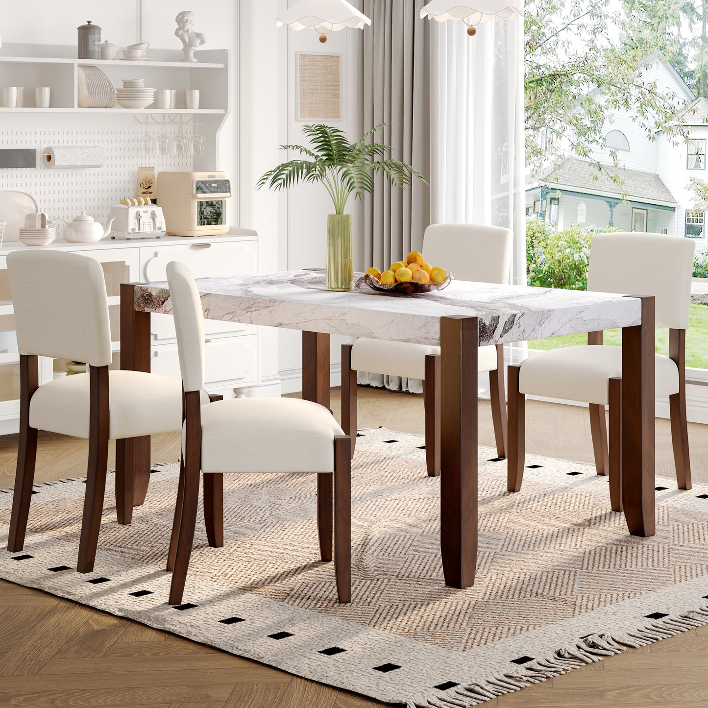5-Piece Dining Table Set For 4, 46 Faux Marble Style Table And 4 Upholstered Chairs With Solid Rubberwood Legs, Padded Seat, Curved Backrest, Space-Saving Dinette Set For Dining Room, White-SQ000885