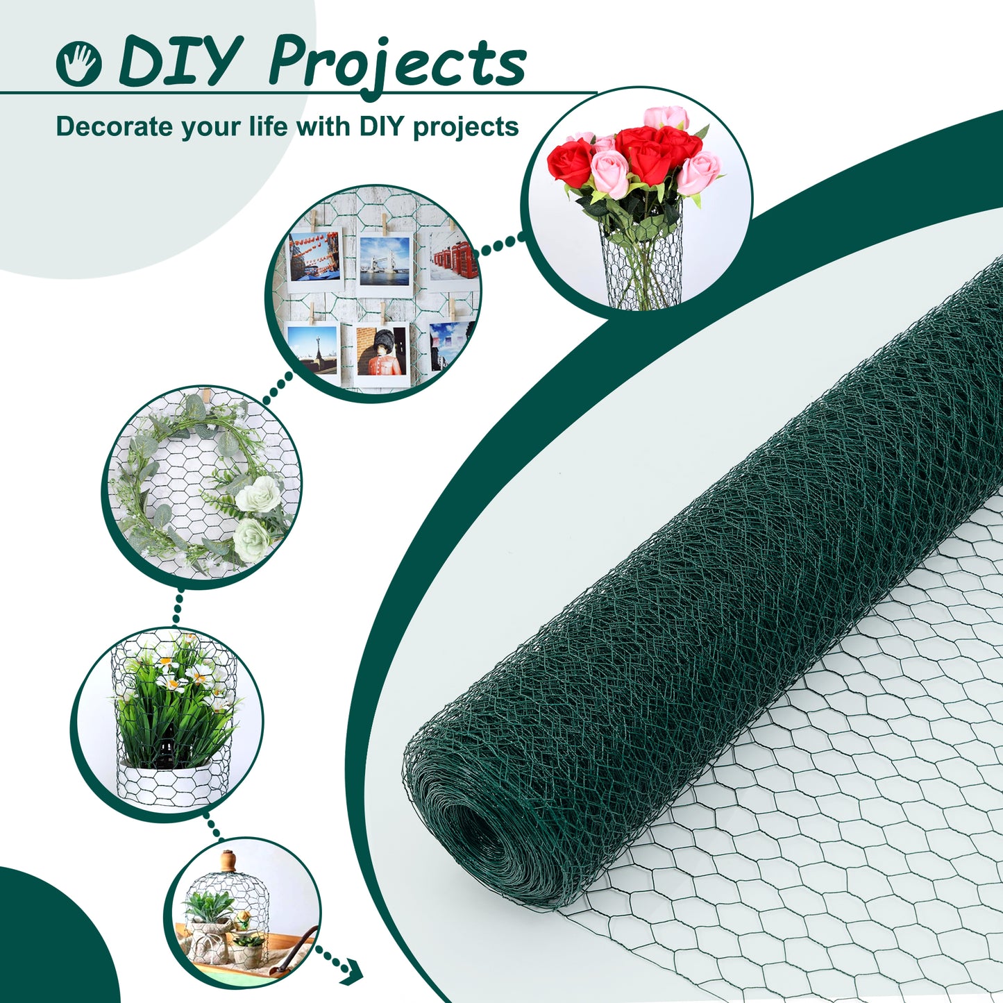 60M Large Size Galvanized Hexagonal Floral Green Chicken Wire, Outdoor Anti-Rust Chicken Wire Poultry Netting For Garden, Large Chicken Coop Wire Fencing