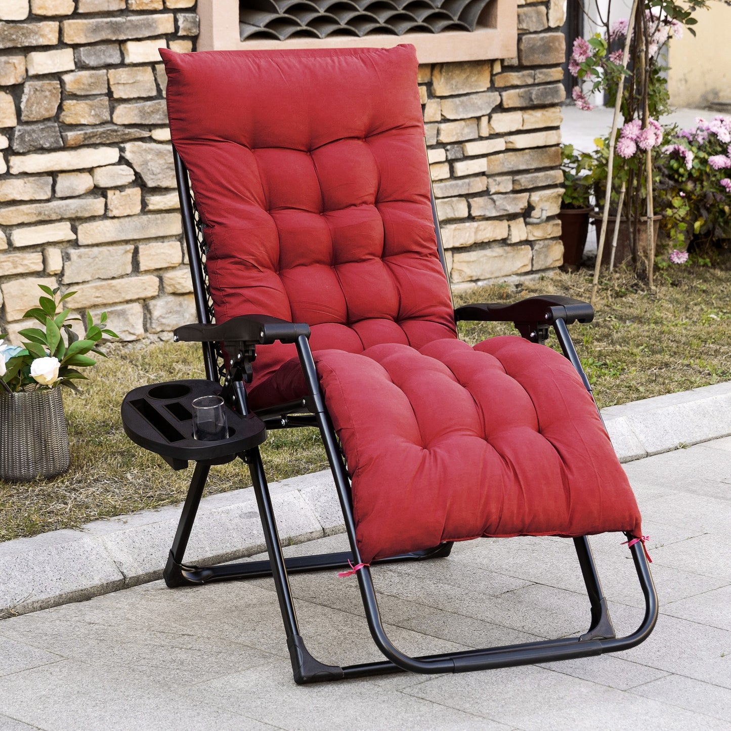 Padded Zero Gravity Chair, Folding Recliner Chair With Cup Holder Cushion, Red