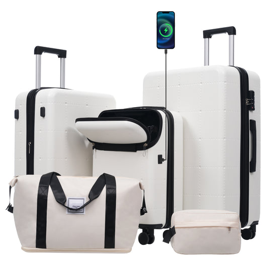 Hardside Luggage Set 5 Piece With Bags,20IN Half-opening Carry On Luggage With USB Port, Expandable 24IN 28IN Luggage With Double Spinner Wheels TSA Lock