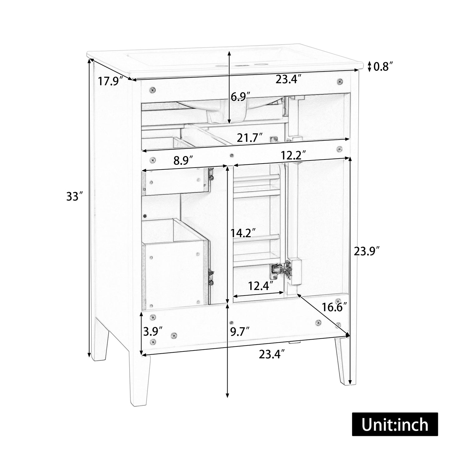 24'' Black Bathroom Vanity With Sink, MDF & Rubberwood Construction, 3 Drawers & Cabinet With 2-Tier Door Storage Rack, Soft-Close Door & Drawers, Modern Design For Small To Medium Bathrooms