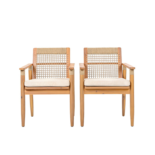 Outdoor Dining Chairs Set Of 2, Acacia Wood Patio Armchair With Multi Brown Rope Design Back And Arms And Beige Washable Cushion,for Backyard, Poolside, Garden,Light Teak