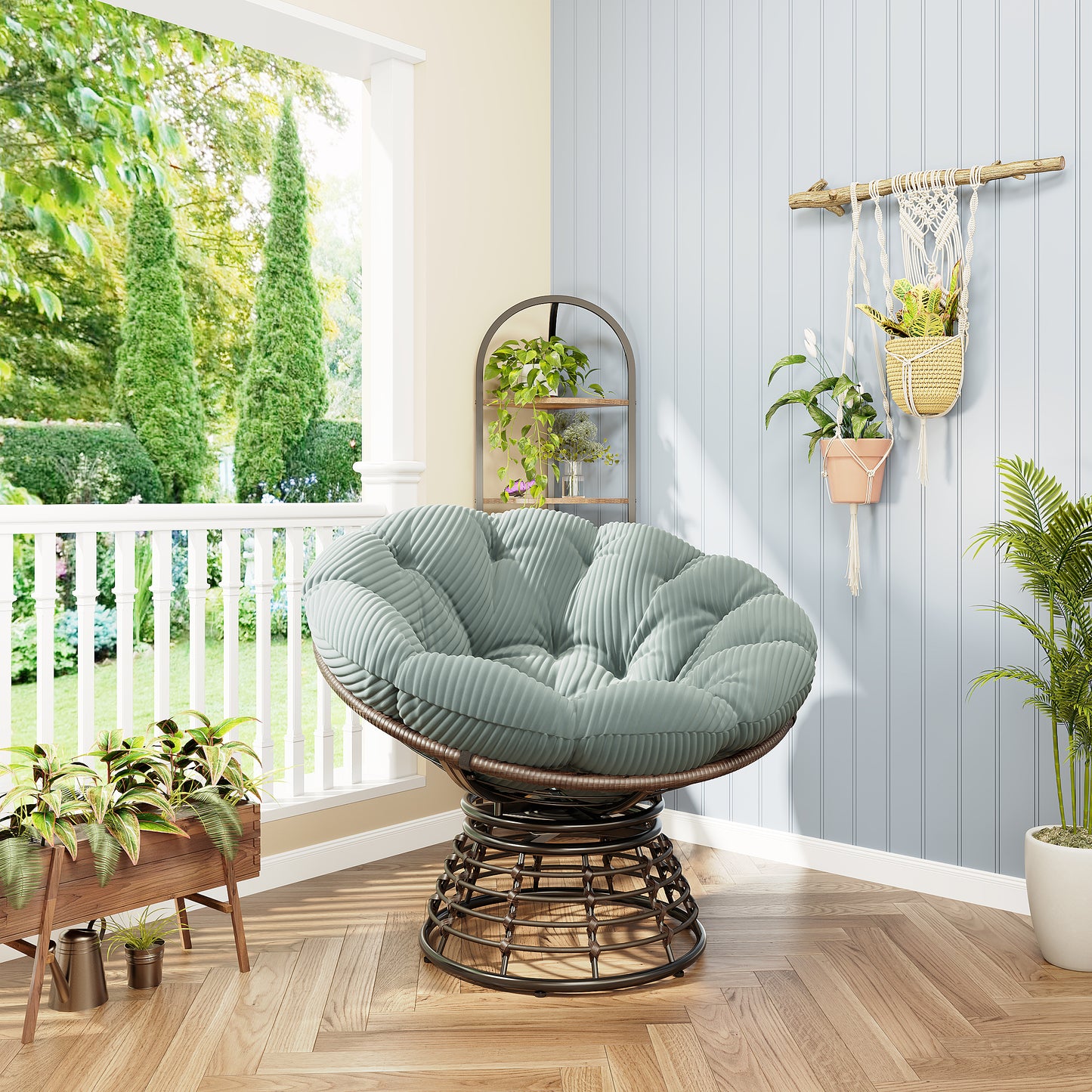 Comfortable Ergonomic Wicker Papasan Chair, 360 Swivel Indoor Outdoor Rattan Chair With Soft Thick Cushion, Ideal For Living Room, Bedroom, Reading Room, Brown Frame With Light Green Cushion