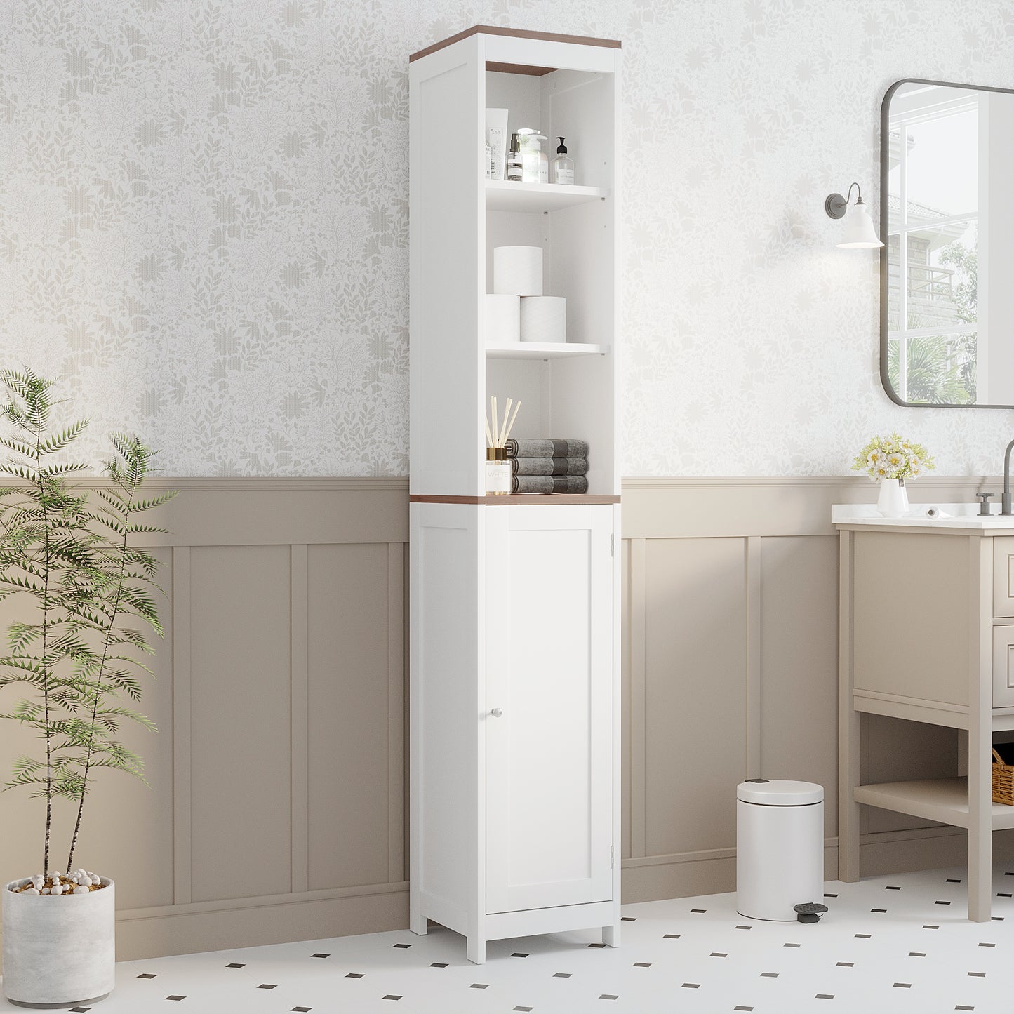 Tall Bathroom Storage Cabinet With Reversible Door, Freestanding Linen Tower With Open Shelves And Enclosed Cabinet, Narrow Floor Cabinet Organizer For Bathroom, Laundry Room Or Small Spaces White