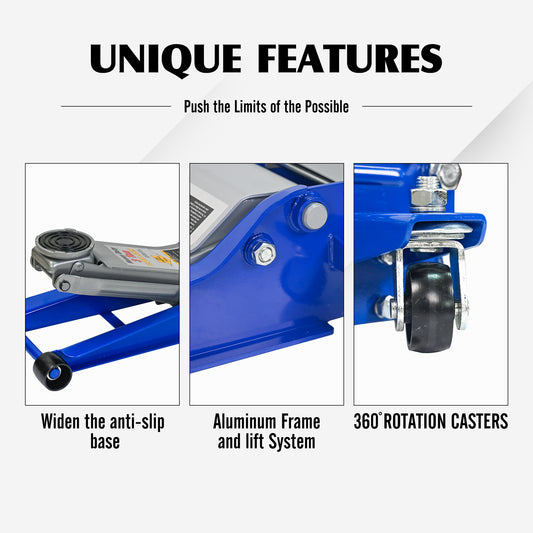 3T Heavy Duty Horizontal Double Floor Jack With Foot Pedal,and Steel Racing Floor Jack With Dual Piston Quick Lift Pump,3 Ton 6 600 Lb Capacity,Blue&Silver