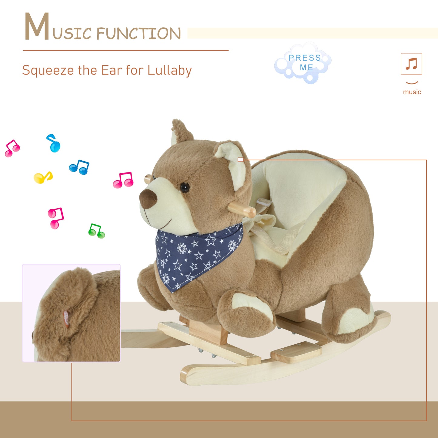 Baby Rocking Horse With Lullaby, Ride On Horse, Bear Themed Plush Animal Rocker With Pedals For Ages 18-36 Months, Easy To Assemble