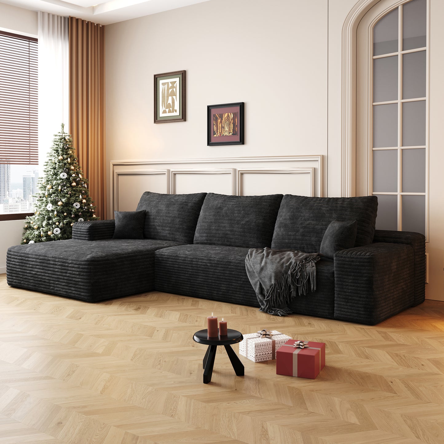 107 Cloud Sectional Couch With L-Shape Chaise,Modern Modular Sofa With Deep Seat, Upholstered Couches For Living Room Bedroom,No Assembly Required Plush Corduroy Fabric ,Black