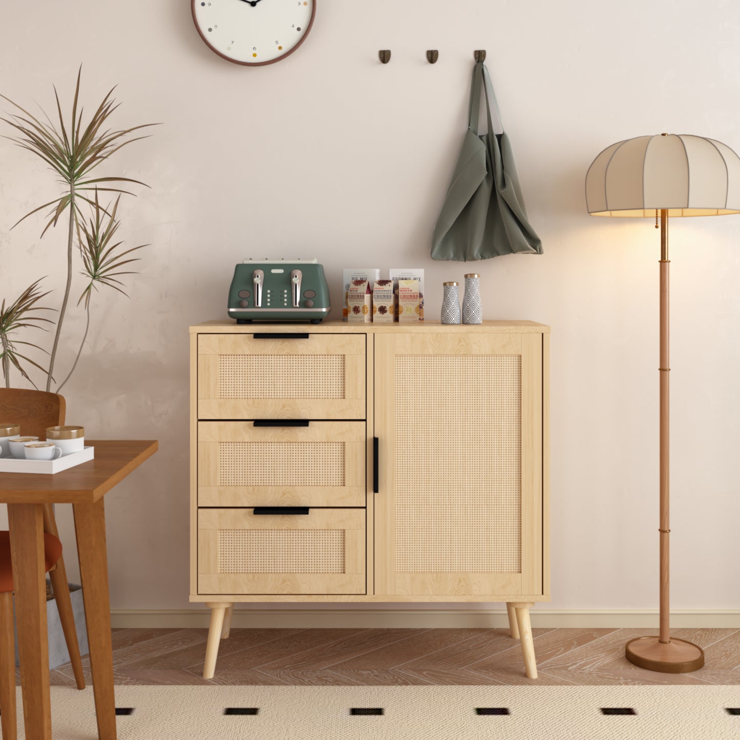 Modern Rattan Wood Dresser Wood Storage Cabinet Sideboard For Bedroom, Living Room, Entryway, Hallway