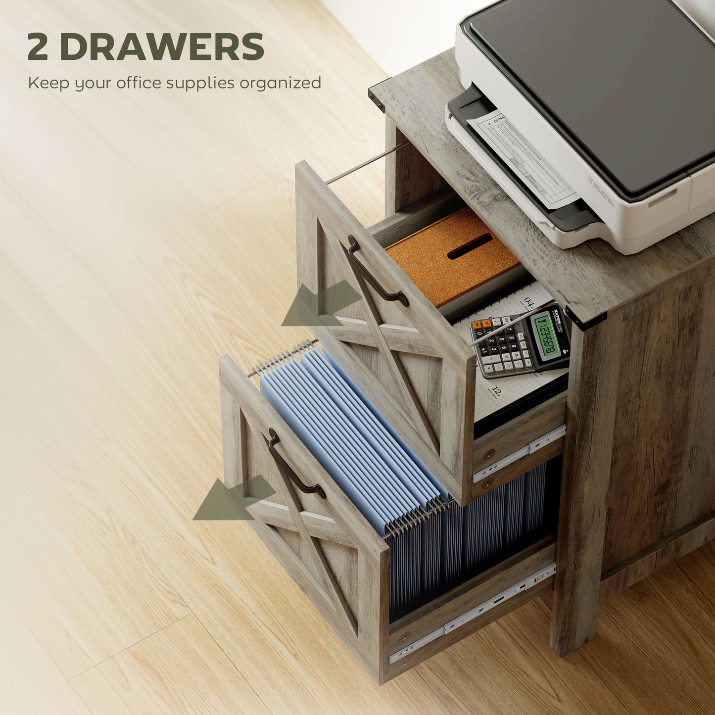 Vertical File Cabinet With 2 Drawers, Rustic Farmhouse Office Storage Cabinet For A4, Letter Size, Distressed Gray