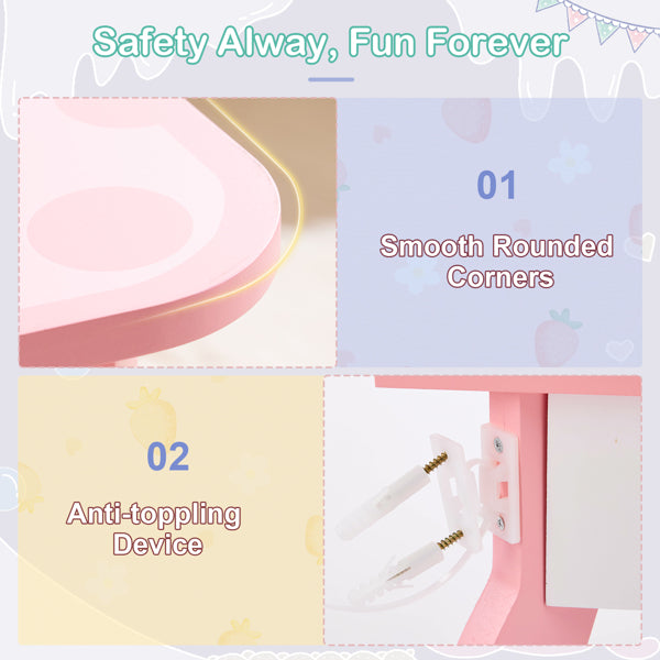 Pink MDF Spray-painted - Apple-printed 1-drawer 2-desktop Storage Box Children's Dressing Table Set