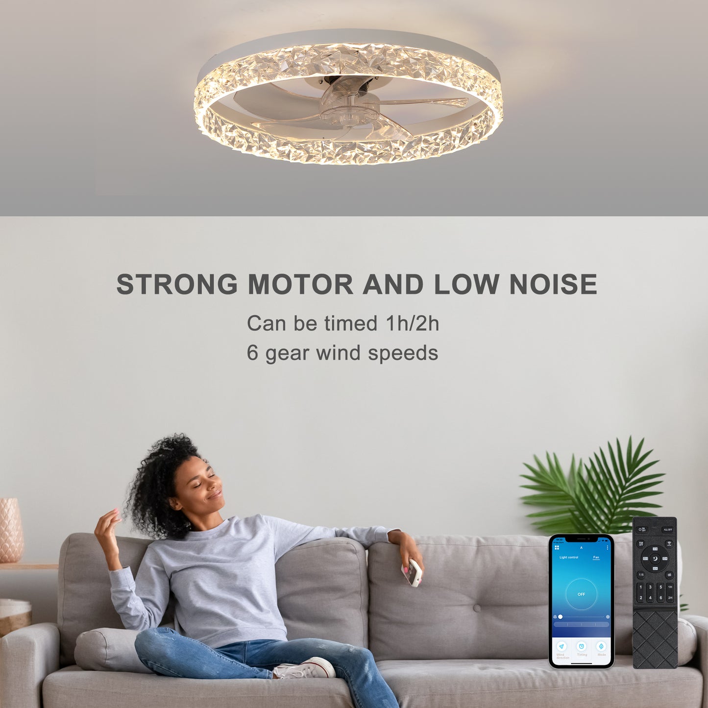 Modern Acrylic Ceiling Fan Light With Remote Control, Dimmable LED Chandelier, 6-Speed Adjustable, Quiet Motor, Flush Mount Design For Living Room, Bedroom, Dining Room