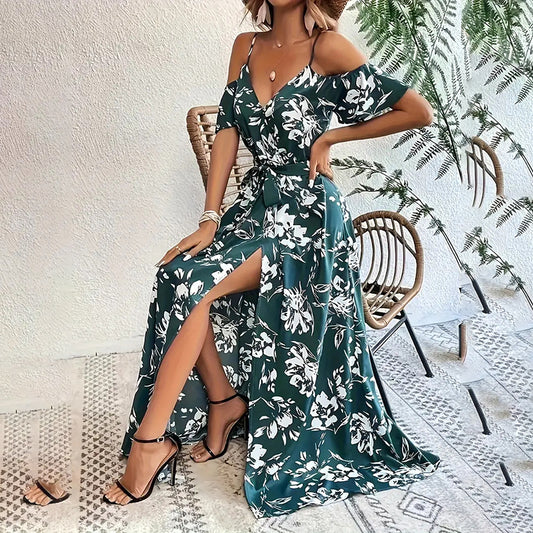 Women's Floral Maxi Dress Cold Shoulder Split Belted A Line Long Summer Dress