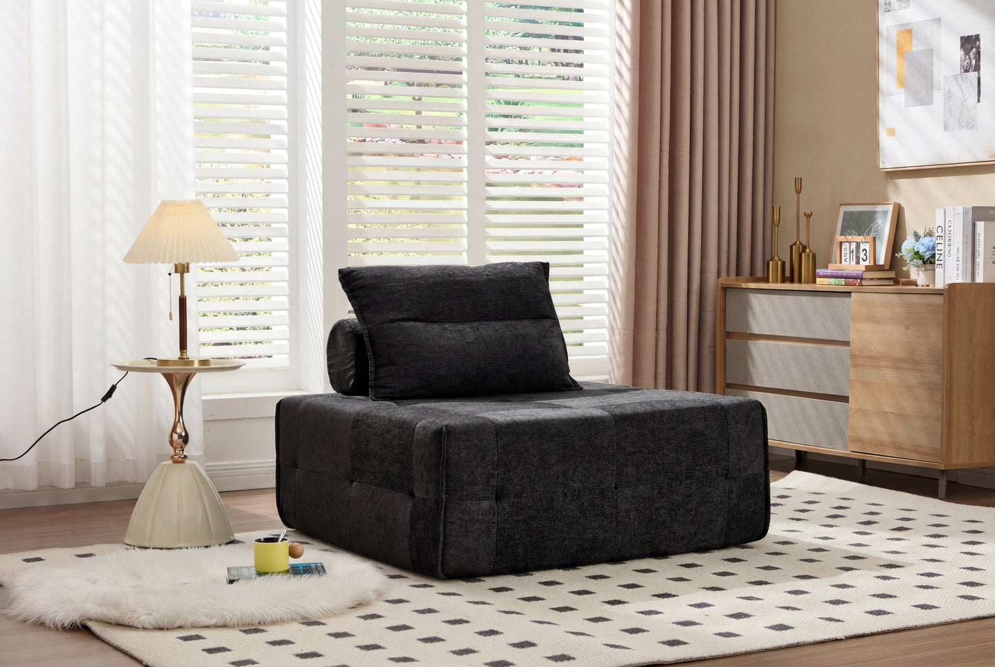 Deep Seat Modular Sectional Sofa With Adjustable Backrest -39.37 Chenille Compressed Couch For Living Room, Bedroom, Lounge 1 Piece Black.