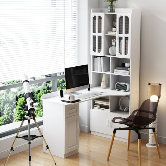 L-Shaped Corner Computer Desk For Home Office Or Study Desk, Study Modern Style Table With Drawers, Bookshelf & Hutch, 2-in-1 L-Shaped Design, Large Working Space,white