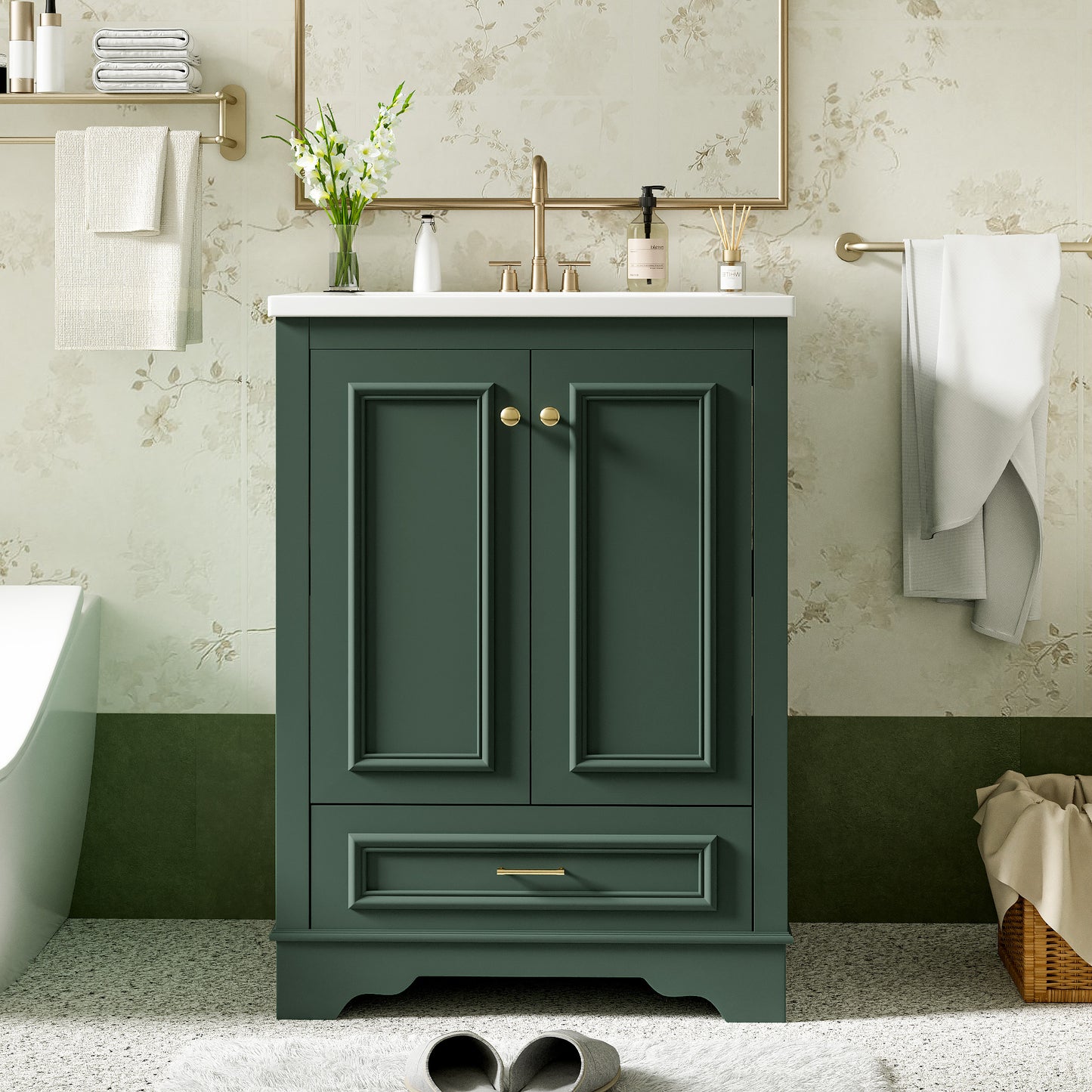 24'' Bathroom Vanity With Ceramic Sink Combo, Modern Freestanding Storage Cabinet With Silver Handles, Soft Closing Doors