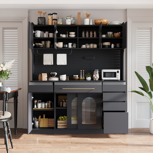 TOPMAX Freestanding 63 W Buffet With Hutch, Large Coffee Bar Storage Cabinet With 6 Drawers, 5 Cabinets With Adjustable Shelves,Pegboard,Towel Rack, Power Outlet,Black