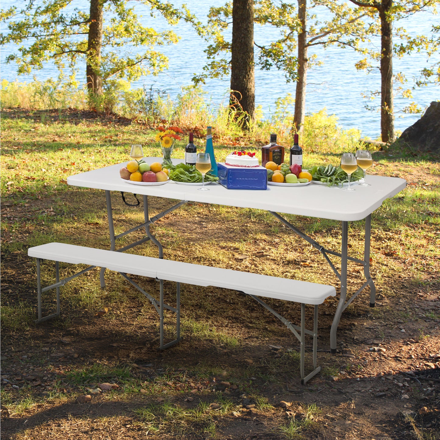 6 Foot Fold In Half,Portable Folding Bench, Powder Coated Steel Frame, Lightweight, Stain Resistant, Non Marring Foot Caps, Indoor Outdoor Portable Seating