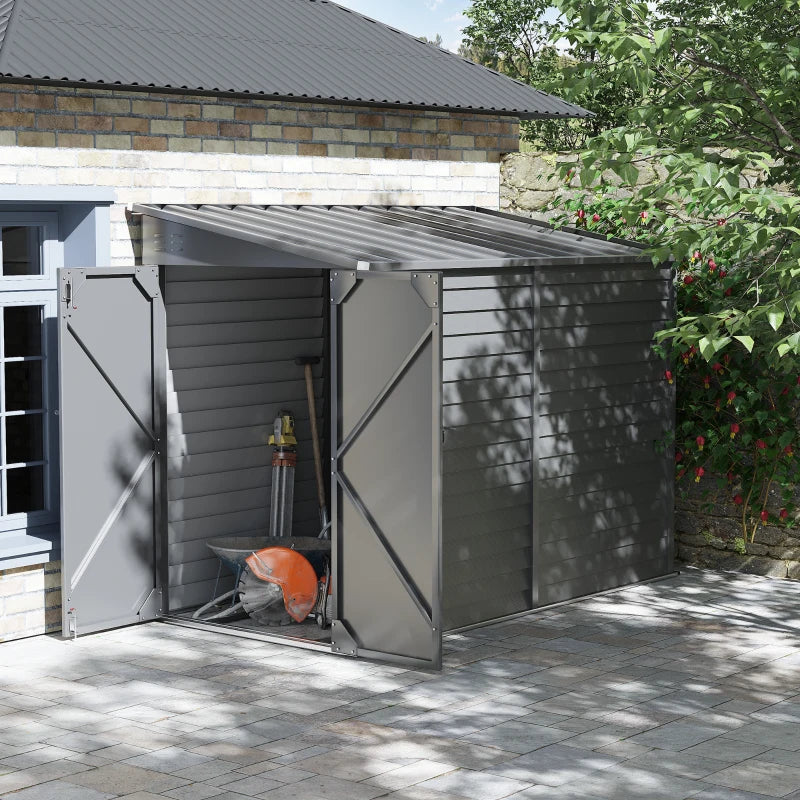 4.6' X 9' Outdoor Storage Shed, Lean To Metal Shed With Foundation Kit, Lockable Doors And Gloves For Patio, Lawn, Gray