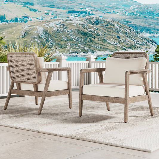 SET OF 2 Outdoor Acacia Wood Patio Club Chair, Patio Furniture,Waterproof Thick Cushion Deep Seating For Porch, Garden, Backyard, Balcony, Weight Capacity 400lbs, Light Brown Finish, Cream Cushion