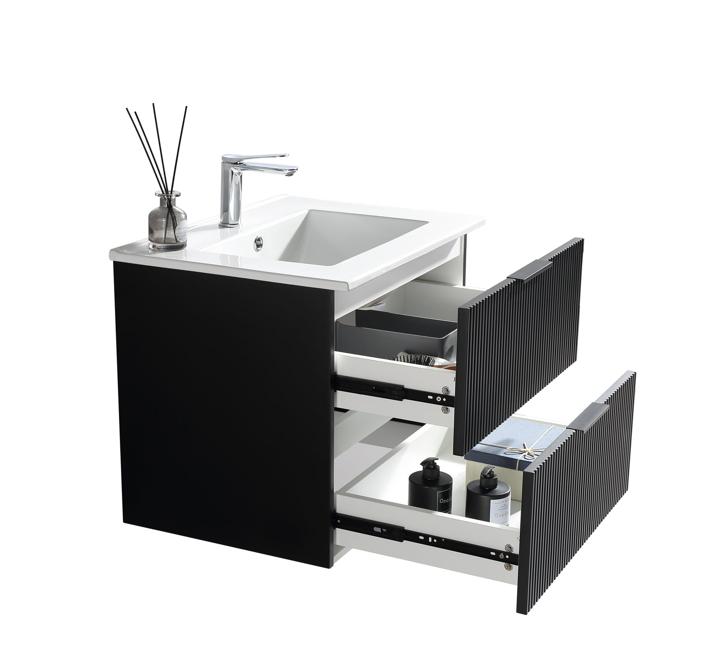 30 Inch Bathroom Vanity Cabinet With Ceramic Sink - Black Wall Mounted Floating Fluted Vanity With Drawers Modern