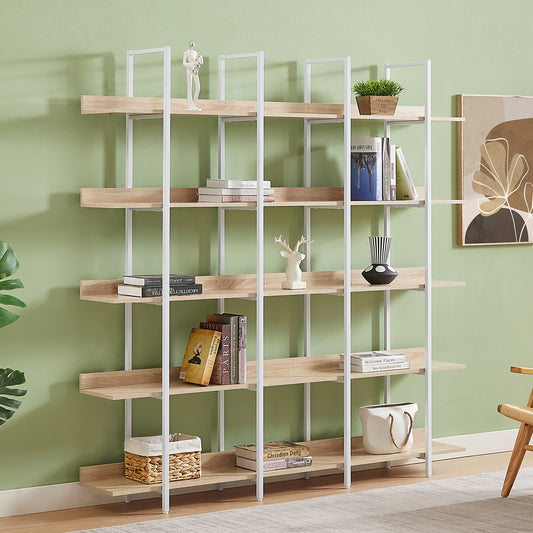 5 Tier Bookcase Home Office Open Bookshelf, Vintage Industrial Style Shelf, MDF Board, White Metal Frame, Oak Old Sku WF300935AAC N725P247766C