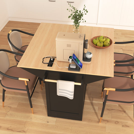 K&K 55.7 Large Kitchen Island With 2 Drop Leaf,, Rolling Kitchen Cart On 5 Wheels With Power Outlet, Folding Storage Dining Table With Spice & Towel Rack , 3 Drawers, For Kitchen, Dining Room,Black