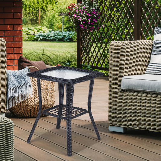 Patterned Glass Surface, Black Rattan, Woven Rattan Edge Side Table, N001