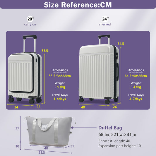Front Opening Luggage Set 3 Piece, Hardside Carry On Suitcase With USB Port, Expandable Luggage With Handle Bag Spinner Wheels TSA Lock