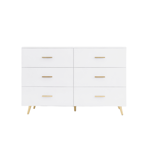 High Glossy Surface 6 Drawers Chest Of Drawer With Golden Handle And Golden Steel Legs White Color Vanity