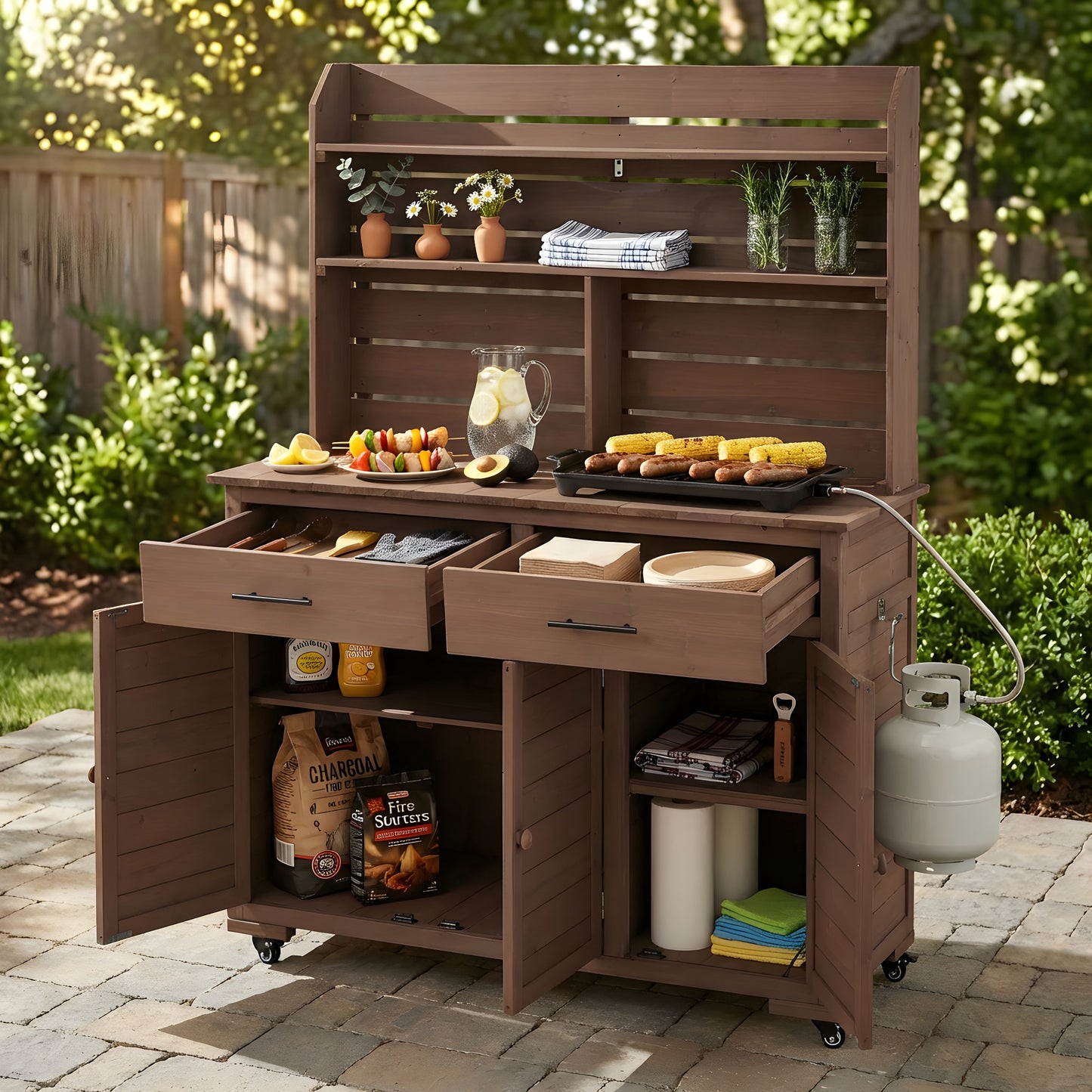 Assembly Video TOPMAx 65 H Large Garden Potting Bench With Lockable Wheels And Storage Cabinet Wood Outdoor Kitchen Island Prep Cart With Hutch Top Drawers And Removal Shelves For Grilling Brown