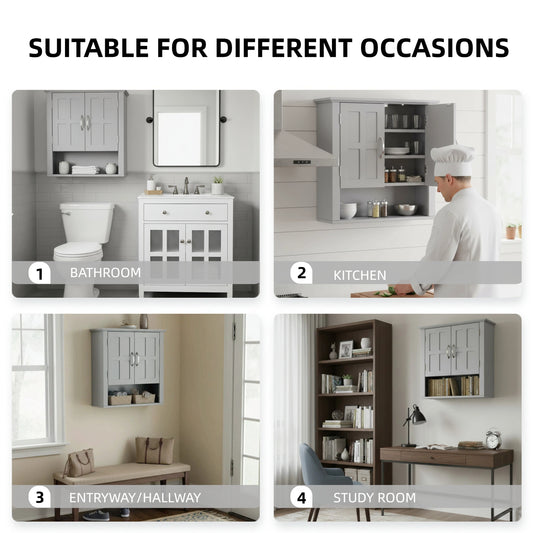 Bathroom Wall Storage Cabinet, Multi -functional Wall Mounted Cabinet With Adjustable Shelves, Medicine Cabinet For Laundry Room & Kitchen & Living Room, Gray