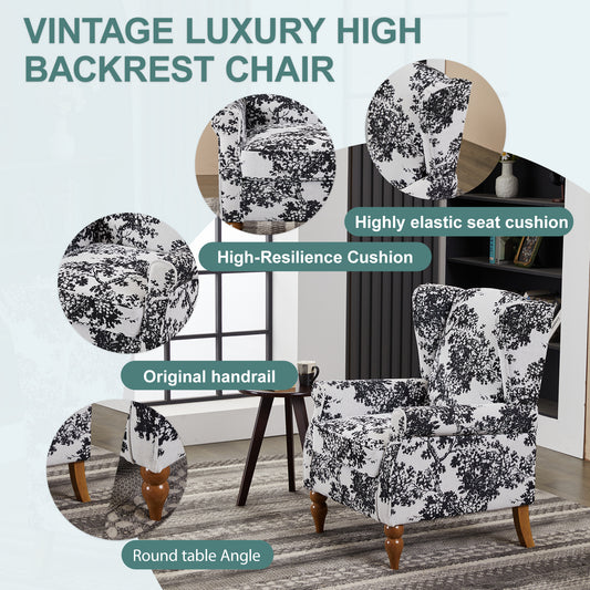 Coffee Table & Armchair Set,Vintage Luxury Style,a High-back Reading Chair Antique White Gray &a Solid Wood Coffee Table Walnut-Tone,suitable For Living Rooms And Bedroom Relaxation Areas
