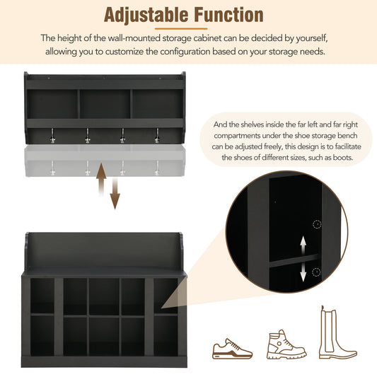 ON-TREND Shoe Storage Bench With Shelves And 4 Hooks, Elegant Hall Tree With Wall Mounted Coat Rack, Entryway Organizer For Hallway, Foyer, Mudroom, Black