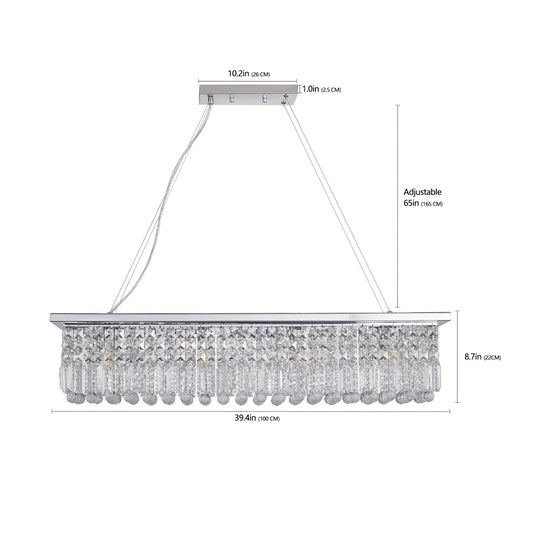 Modern Crystal Chandelier For Dining Room 8-Light White Rectangle Raindrop Chandelier Contemporary Rectangular Pendant Light Fixture For Kitchen Island Bar L39.4 X W9.8 X H8.7 Bulb Not Included