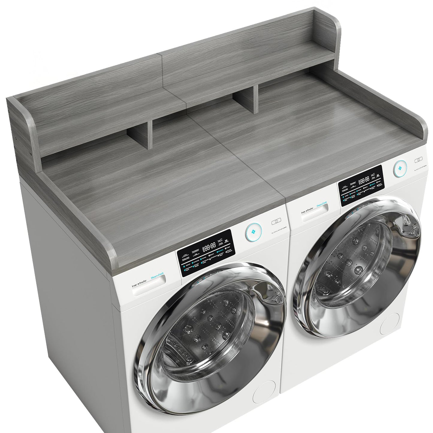 Washer Dryer Countertop With Non-slip Pads, Laundry Wood Shelf Topper With Edge, 54 Width X 27.5 Depth Double Layer Organizer For Washer And Dryer Laundry Hamper Counter Storage Gray Stripe Color