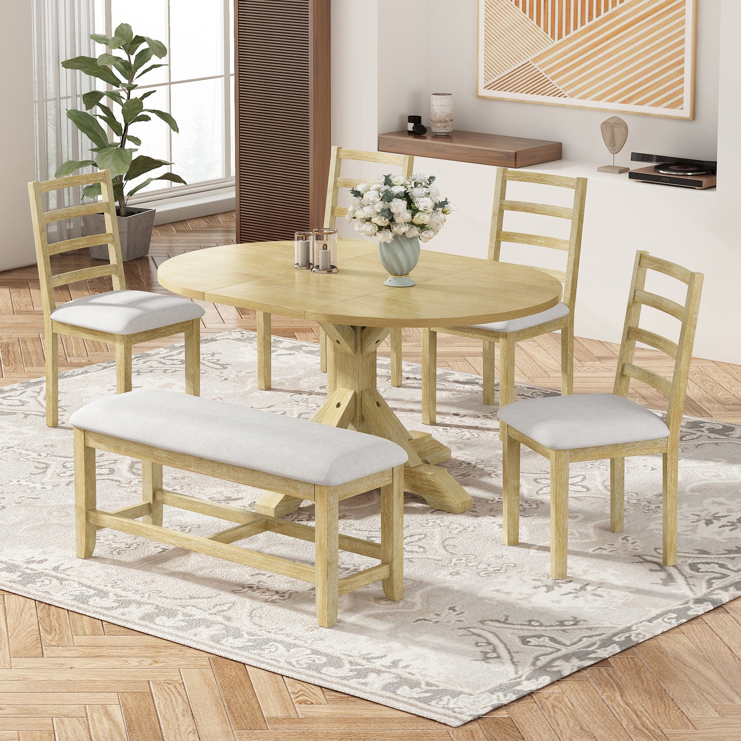 TOPMAX Farmhouse 6-Piece 60inch Extendable Pedestal Dining Table Set With 18inch Removable Leaf, 44inch Bench And 4 Ladder Back Dining Chairs, Natural Beige OLD