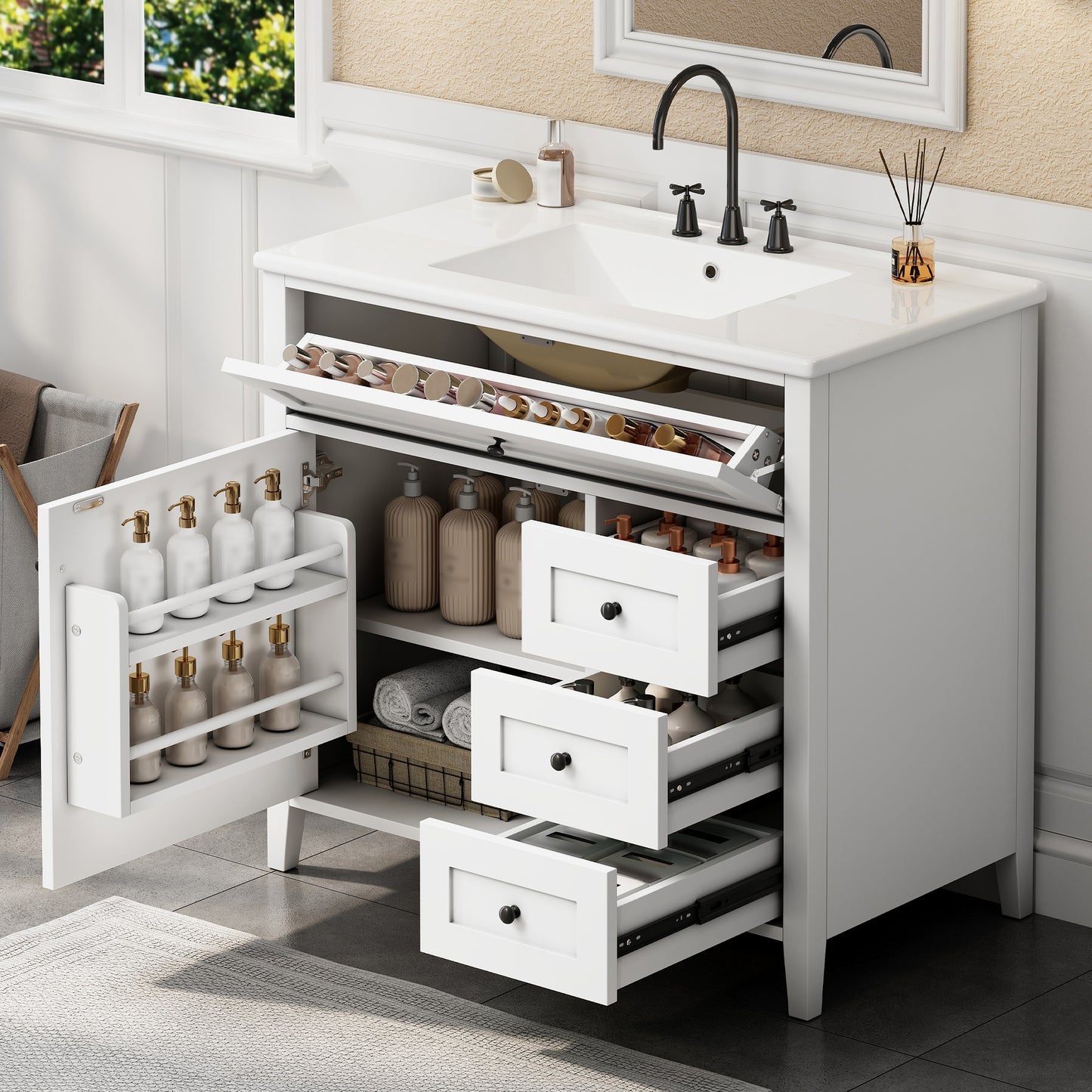 36-Inch White Bathroom Vanity With Sink, Modern MDF And Rubberwood Cabinet With 3 Drawers And Adjustable Shelf, Freestanding Vanity For Bathroom Storage And Organization Left Door